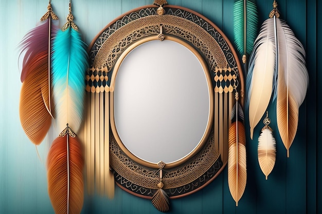 Photo gratuite un miroir avec des plumes dessus et un cadre avec un fond bleu