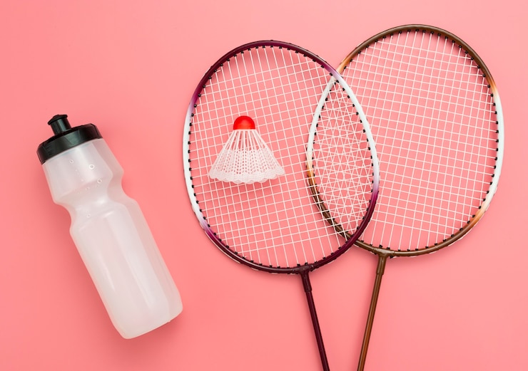 Photo gratuit mise à plat de badminton avec bouteille d'eau