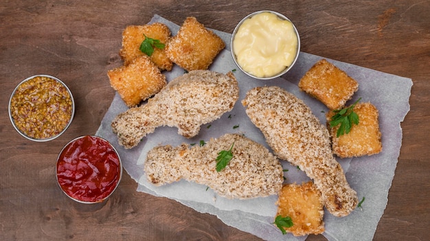 Photo gratuite mise à plat de cuisses de poulet frit avec différents types de sauce