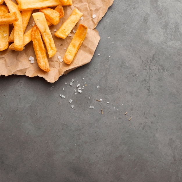 Mise à plat de frites sur papier avec du sel et de l'espace de copie