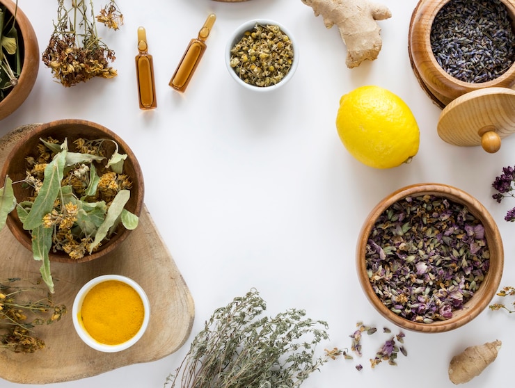 Photo gratuit mise à plat d'herbes et d'épices à des fins médicinales