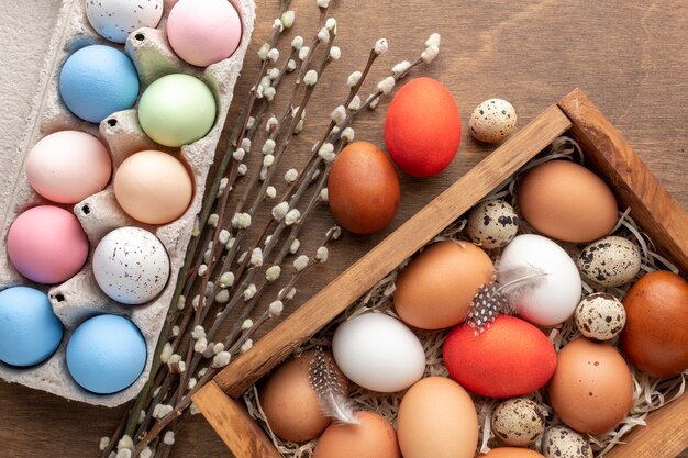 Mise à plat d'oeufs colorés pour Pâques dans une boîte et un carton avec des fleurs