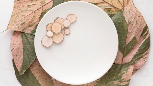 Photo gratuite mise à plat de la plaque avec des feuilles d'automne