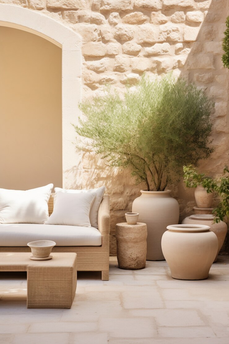 Photo gratuit mobilier de patio rustique sur le pont de la maison avec végétation