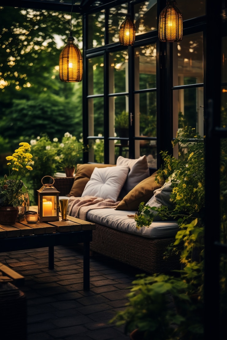 Photo gratuit mobilier de patio rustique sur le pont de la maison avec végétation