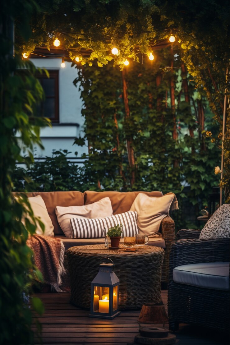 Photo gratuit mobilier de patio rustique sur le pont de la maison avec végétation