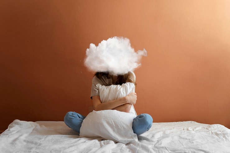 Photo gratuit modèle complet posant avec une tête en forme de nuage