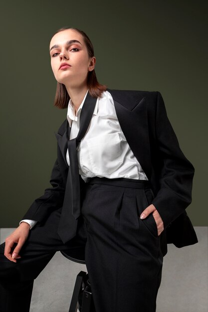 Modèle féminin élégant assis dans un fauteuil dans un tailleur veste. nouveau concept de féminité