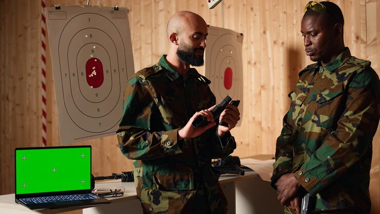 Photo gratuit un modèle d'ordinateur portable à côté de soldats de l'armée s'entraînant avec des armes à feu au champ de tir