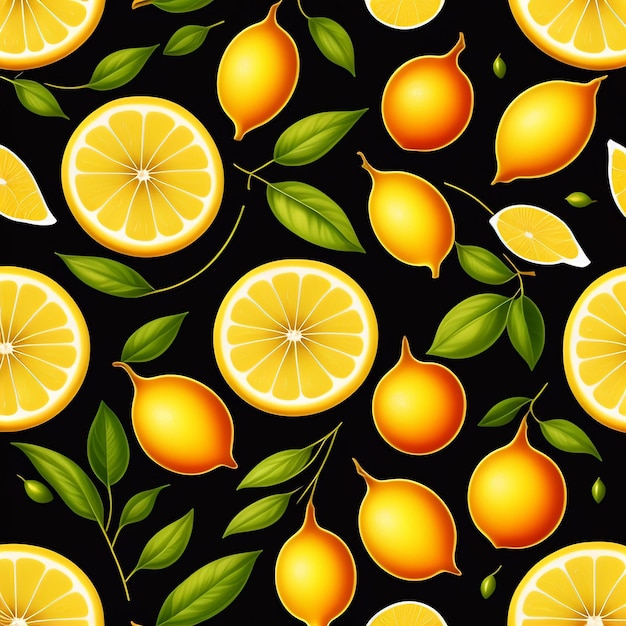 Photo gratuite un modèle sans couture de citrons avec des feuilles et des citrons sur fond noir.