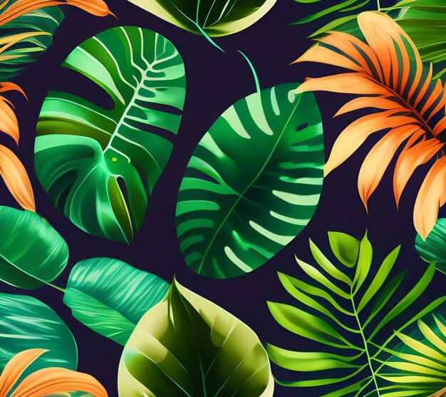 Photo gratuite un modèle sans couture avec des feuilles tropicales sur un fond sombre.