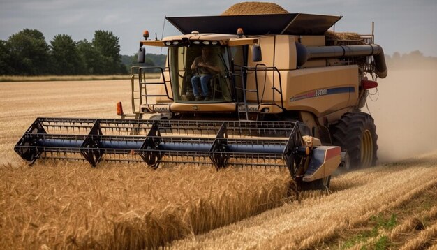 Les moissonneuses-batteuses dorées travaillent dans les champs de blé coupés générés par l'IA