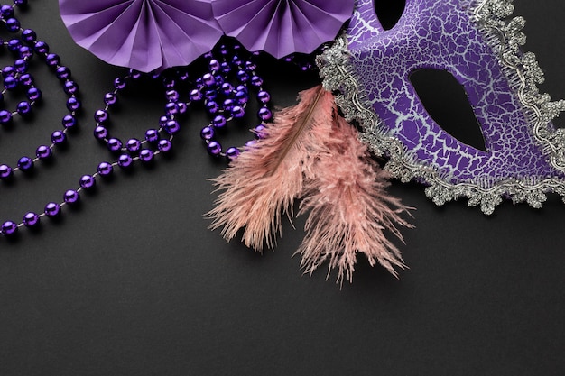 Photo gratuite la moitié du masque violet victorien et des plumes