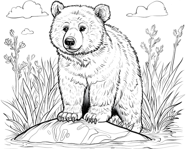 Photo gratuite monochrome line art bear coloring page illustration