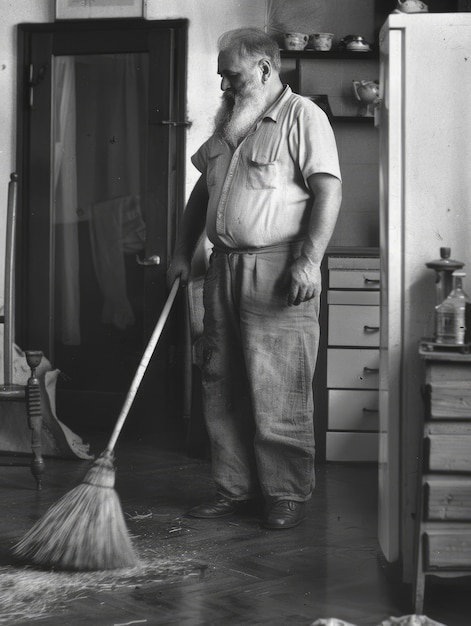 Photo gratuite monochrome portrait of retro man doing housework and household chores