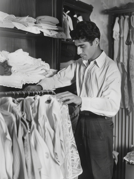 Photo gratuite monochrome portrait of retro man doing housework and household chores