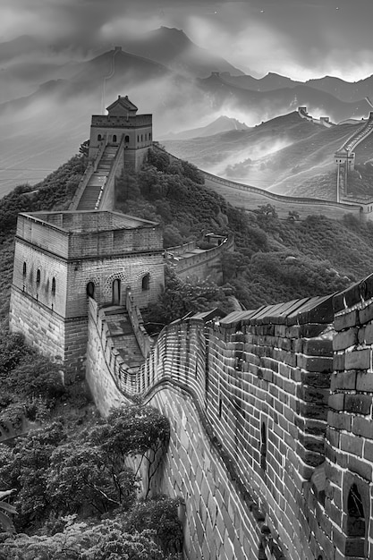 Photo gratuite monochrome view of the historic great wall of china