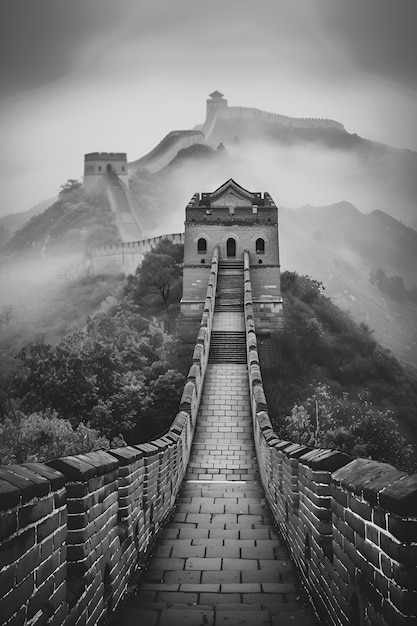 Photo gratuite monochrome view of the historic great wall of china