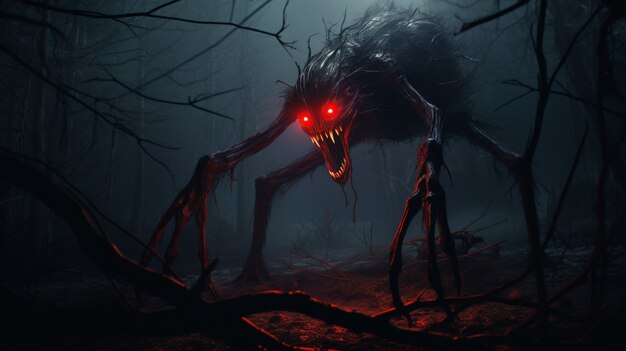Monstre effrayant dans la forêt brumeuse la nuit