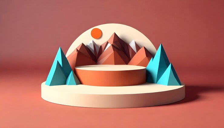 Photo gratuit montagne d'artisanat dans le style du papier avec podium