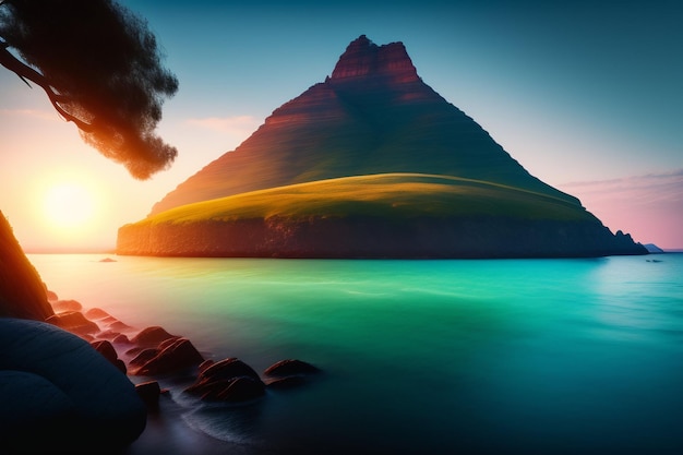 Photo gratuite une montagne dans l'océan avec un coucher de soleil en arrière-plan