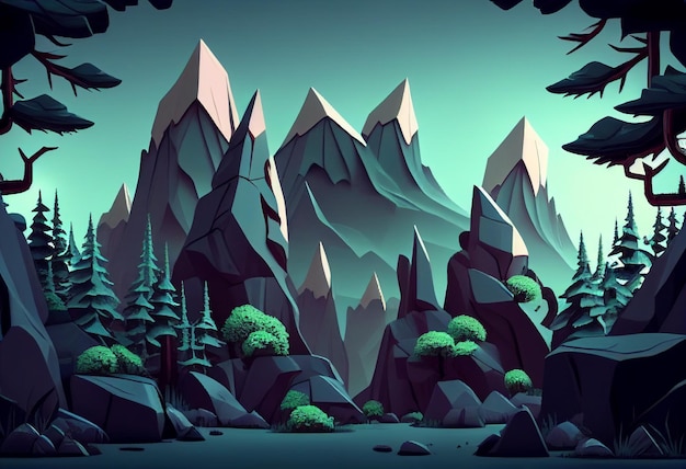 Montagne forêt jungle arbres dessin animé fond ai génératif