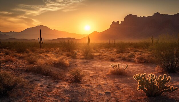 Une montagne majestueuse, un coucher de soleil tranquille, une aventure sauvage en Afrique générée par l'intelligence artificielle.