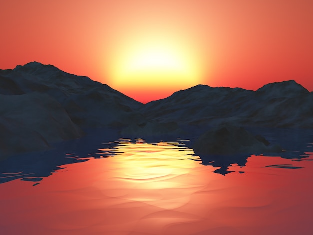 Montagnes 3D avec océan contre un ciel coucher de soleil