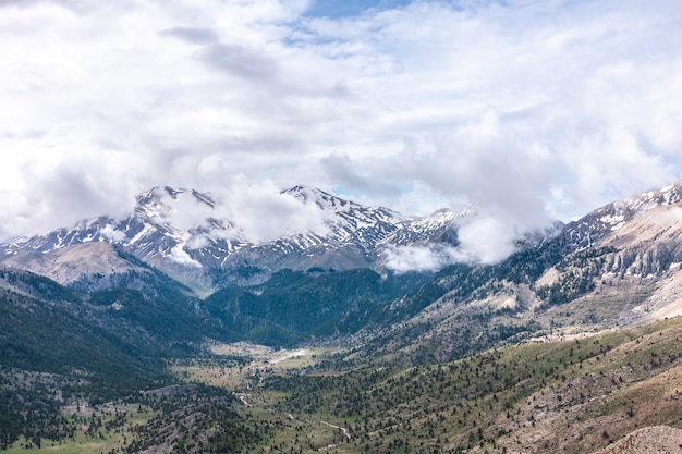 Montagnes enneigées et nuageuses avec forêt dans les collines un jour nuageux. horizontal