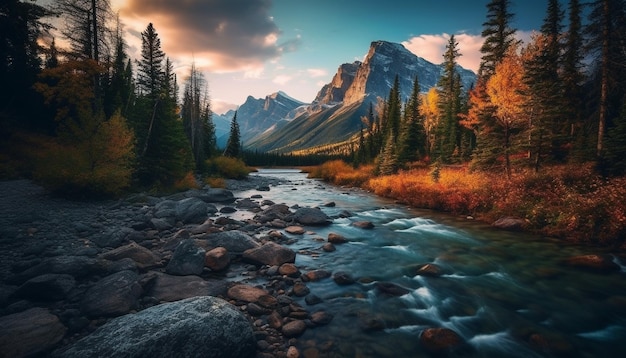 Les montagnes rocheuses majestueuses reflètent les couleurs tranquilles du coucher du soleil AI générative