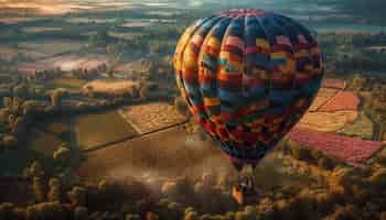 Photo gratuite la montgolfière multicolore flotte au-dessus des montagnes générées par l'ia