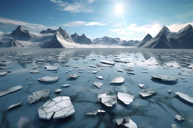 Morceaux de banquise fissuré avec de grandes montagnes derrière fond ai génératif