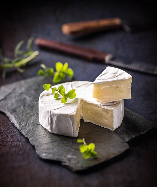 Morceaux de camembert français servis sur une surface en ardoise