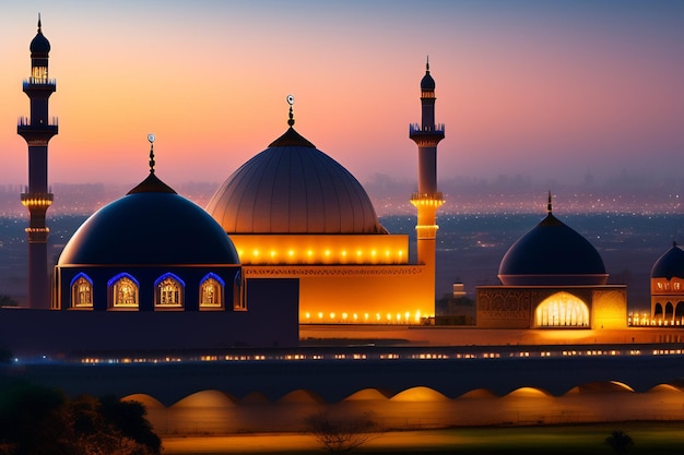 Une mosquée avec un ciel éclairé au coucher du soleil