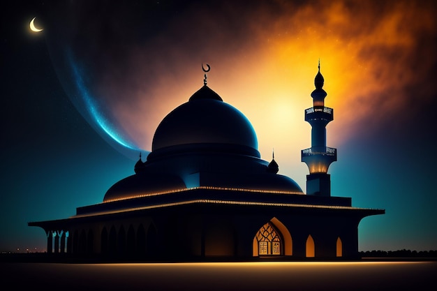 Photo gratuite une mosquée avec une lune derrière elle