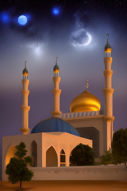Une mosquée avec une lune et des étoiles dans le ciel