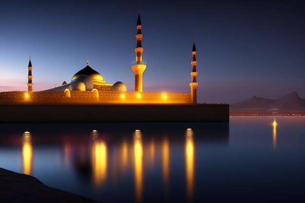 Photo gratuite une mosquée le soir avec des lumières sur l'eau