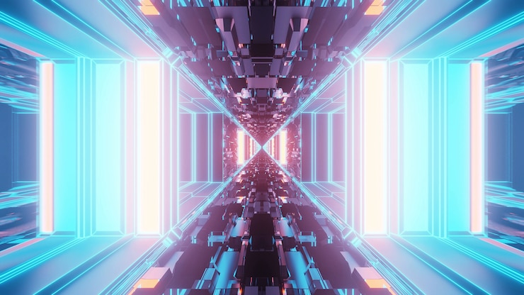 Photo gratuit un motif de couloir psychédélique abstrait et vif pour l'arrière-plan avec des couleurs bleues et violettes
