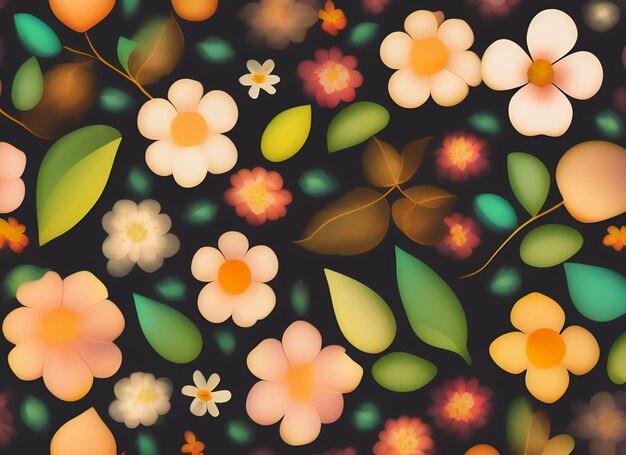 Un motif floral coloré avec des fleurs et des feuilles oranges et jaunes.