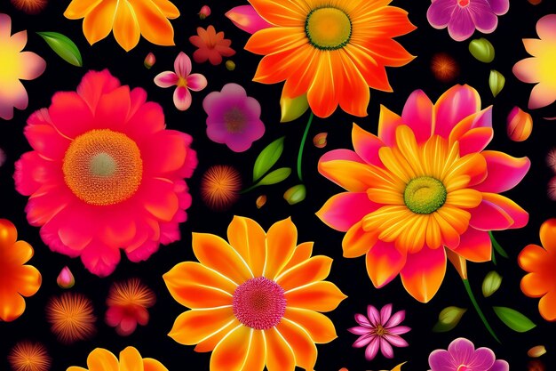 Un motif floral coloré avec des fleurs orange, roses et jaunes.