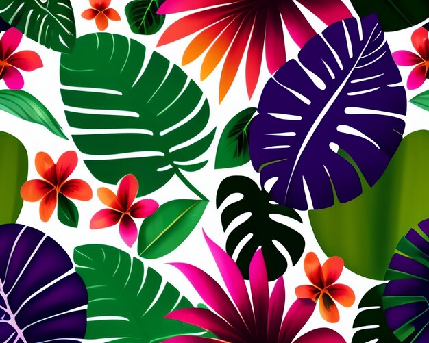 Un motif tropical coloré avec des feuilles et des fleurs tropicales.