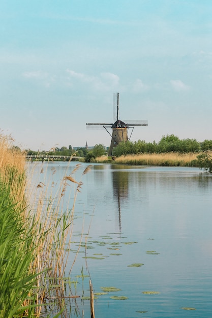 Moulins à vent hollandais traditionnels avec de l'herbe verte au premier plan