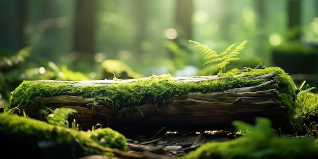 La mousse douce couvre un ancien tronc dans une forêt mystique filtrée par la lumière du soleil.