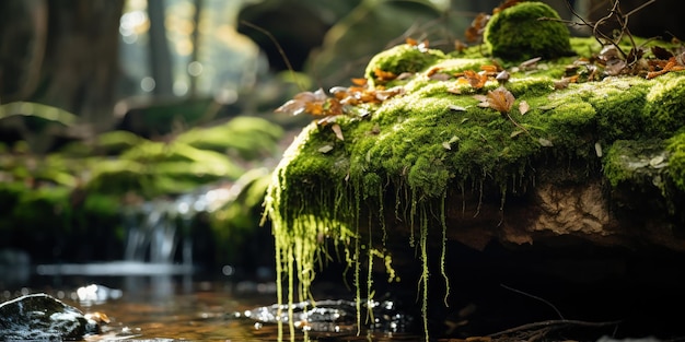 Photo gratuite la mousse pousse sur la terre rouge près d'une chute d'eau.