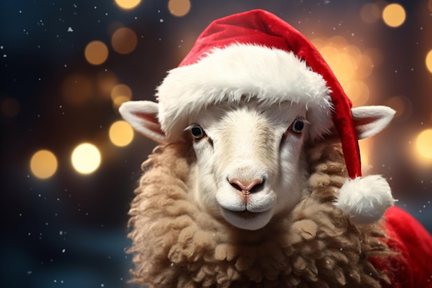 Photo gratuite un mouton portant des affiches de cartes de vacances d'hiver du chapeau de noël