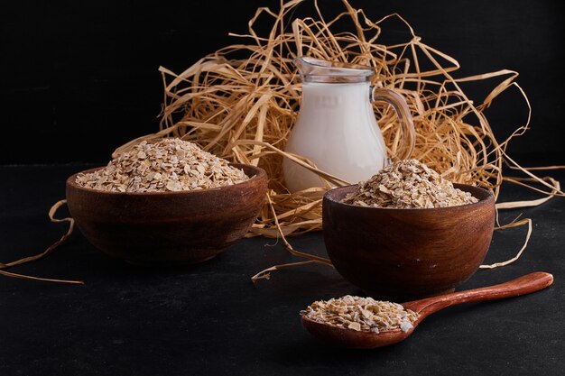 Mueslies bio dans des tasses en bois et cuillère avec un pot de lait.