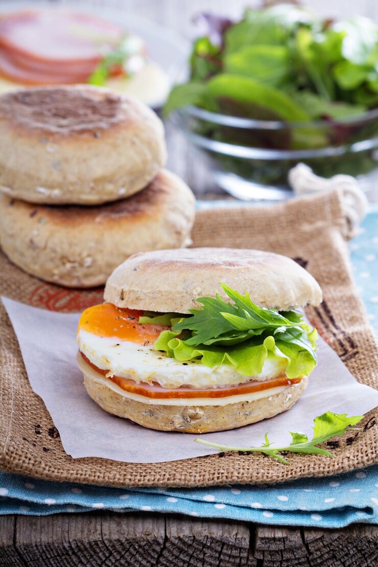 Photo gratuit muffin anglais avec oeuf pour le petit déjeuner