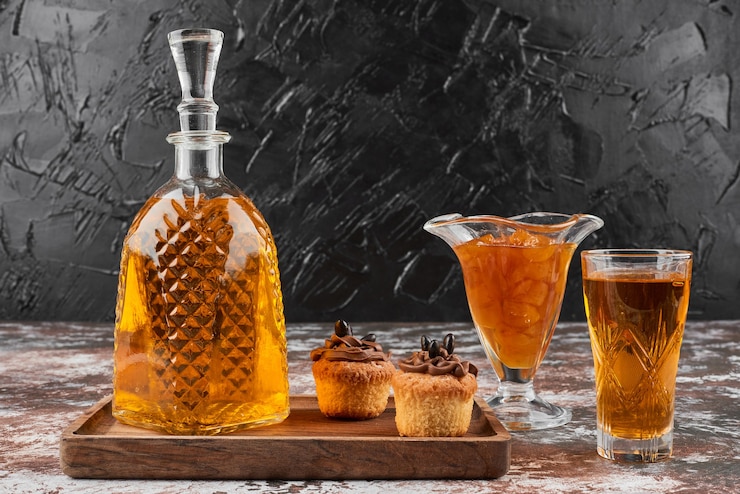 Photo gratuit muffins avec confiture et boisson sur une planche de bois.