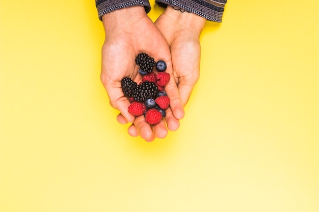 Mûre framboise mûre et cassis appétissant dans les mains sur la surface jaune