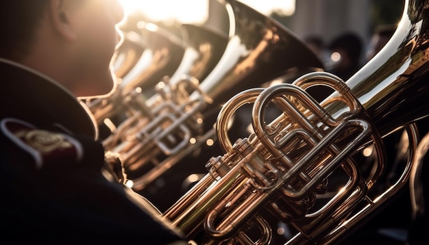 Photo gratuite musicien de cuivres soufflant de la trompette brillante au premier plan générée par l'ia